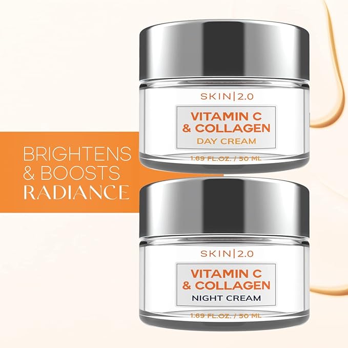 Skin 2.0 Vitamin C & Collagen Face Moisturizer – Anti Aging Day & Night Cream for Smooth & Radiant Skin, Firms & Restores Dull Complexion – Dermatologist Tested, Korean Skin Care Set, Vegan – Duo Pack