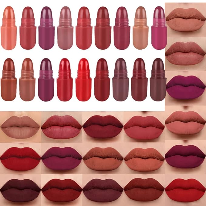 evpct 18Pcs Mini Pills Lipstick Capsule Set for Women Waterproof Long Lasting, Deep Red Matte Small Magic Permanent 24 Hour Lipstick Bulk Samples Sampler labiales mate 24 horas originales 01