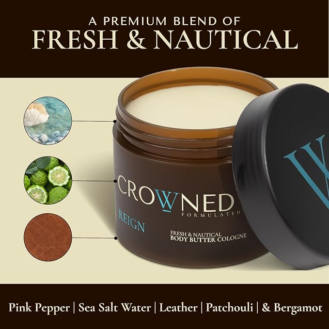 Crowned Skin Reign Body Butter Cologne for Men | Fresh & Nautical | Scented with Pink Pepper & Bergamot | Infused with Natural Shea & Mango Butters | All-Day Fragrance | 4.4oz