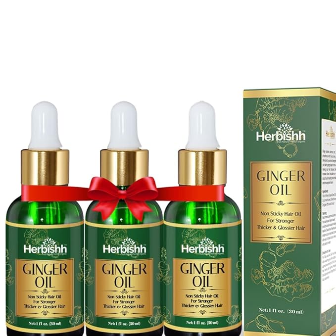 Herbishh Ginger Essential Oil For Hair Growth (30ml Each) Pack Of 3, Non Sticky, Ginger Hair Growth Serum Oil For Thicker, Strong and Glossier, Ginger Oil for Hair with Dropper