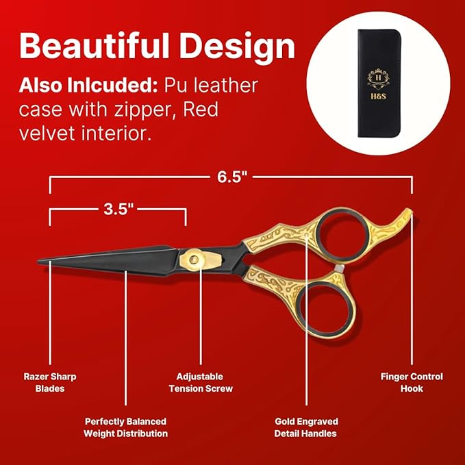 H&S GoldBlack Hair & Beard Cutting Scissors Japanese Steel Shears, 6.5 Inch