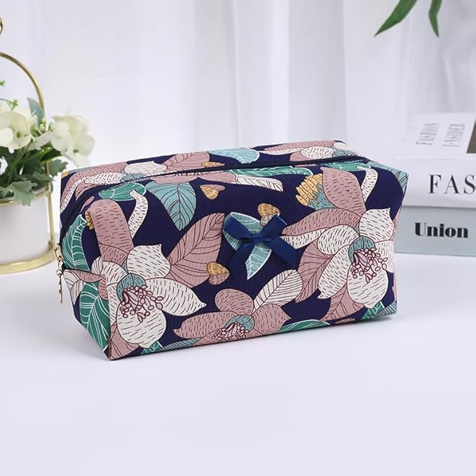 OIMEI Floral Quilted Cotton Makeup Bag for Women, Large Capacity Travel Cosmetic Pouch with Zipper, Cute Toiletry & Brush Organizer, Kawaii Makeup Storage Case – Navy Big Floral
