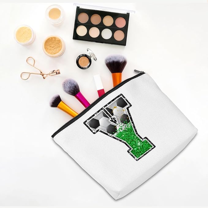 CQM Soccer Gifts Initial Makeup Bag Soccer Girl Gifts Cosmetic Bag Letter Y