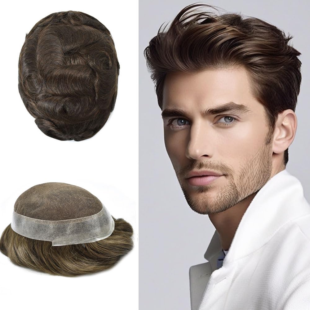 FACE MIRACLE Toupee for Men French Lace Hairpiece Human Hair Replacement System Skin PU Mens Toupee Hair Wigs for Man V-Looped Front Hair Prosthesis 6"X8" 4# MEDIUM BROWN — 8X10
