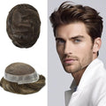 FACE MIRACLE Toupee for Men French Lace Hairpiece Human Hair Replacement System Skin PU Mens Toupee Hair Wigs for Man V-Looped Front Hair Prosthesis 6"X8" 4# MEDIUM BROWN — 8X10