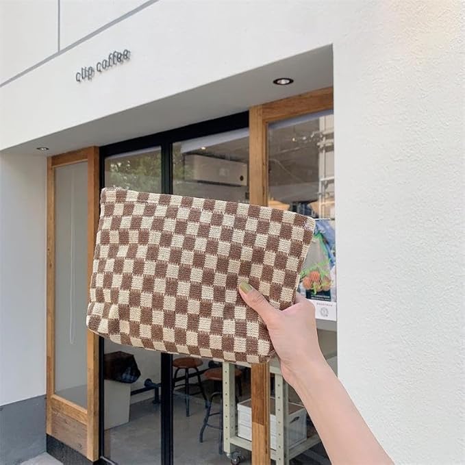 PAZIMIIK Checkered Makeup Bag for Purse, Small Flat Cosmetic Pouch,Coffee