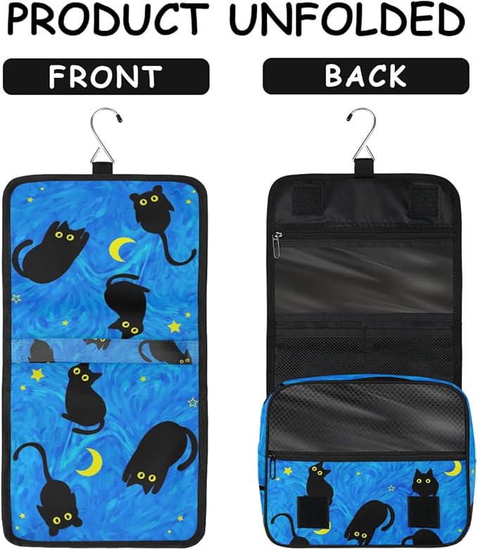 OMFUNS Cute Cat Travel Toiletry Bag with Hanging Hook for Women and Girls, DeepSkyBlue Cosmetic Makeup Case Organizer for Accessories, Shampoo, Full Sized Container, Toiletries