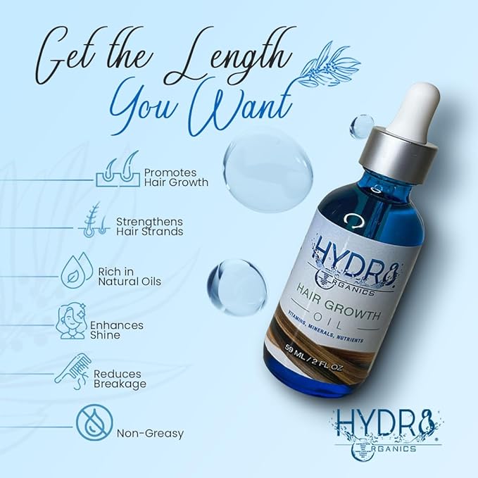 Hydr8 Organics Hair Growth Oil 4 oz – Castor Oil, Biotin & Rosemary Scalp Treatment for Thicker Hair | Anti Hair Loss, Regrowth & Thickening Serum | For Curly, Wavy, Thinning Hair & Beard