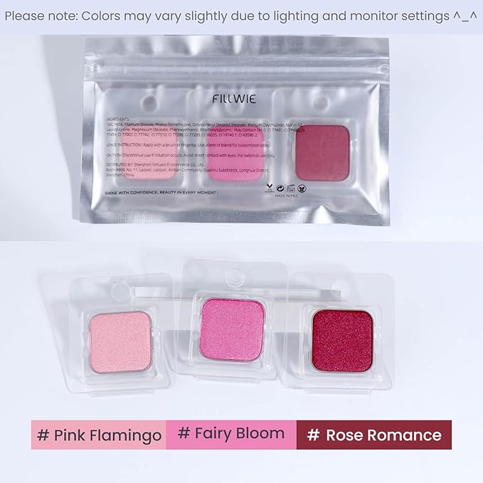 Fillwie Pink Shimmer Eyeshadow Set, Customizable Single Pan Palette Refills