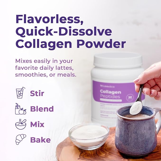 VitaMedica Collagen Peptides Powder for Women & Men - Healthy Hair, Skin, Nails, Bones and Joints - Hydrolyzed Types I & III, Grass-Fed, Pasture-Raised Protein, Zero Sugar - 30 Servings