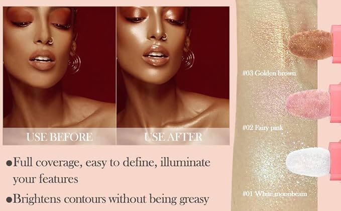 Glitter Powder Highlighter Makeup,Body Brightens the Natural Three-dimensional Face Powder Blusher.(03# Golden browm)