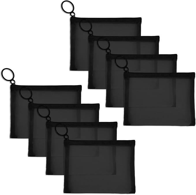 Fassave 8 Pack Mini Zipper Mesh Makeup Bags, Nylon Cosmetic Bags Toiletry Purse Travel Organizer Bags Inside Bag for Office Travel Organization (Black, XS)