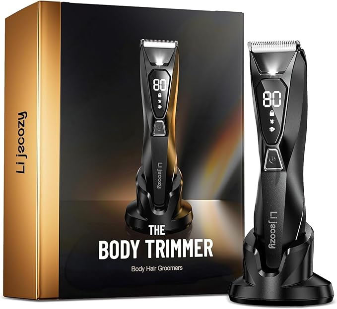 Lijecozy Pubic Hair Trimmer for Man - Cordless Body Hair Trimmer for Men - Electric Ball Shaver with Display & Light - Waterproof Wet/Dry Groomer kit for Groin - 4000K Light - Cosmic Black