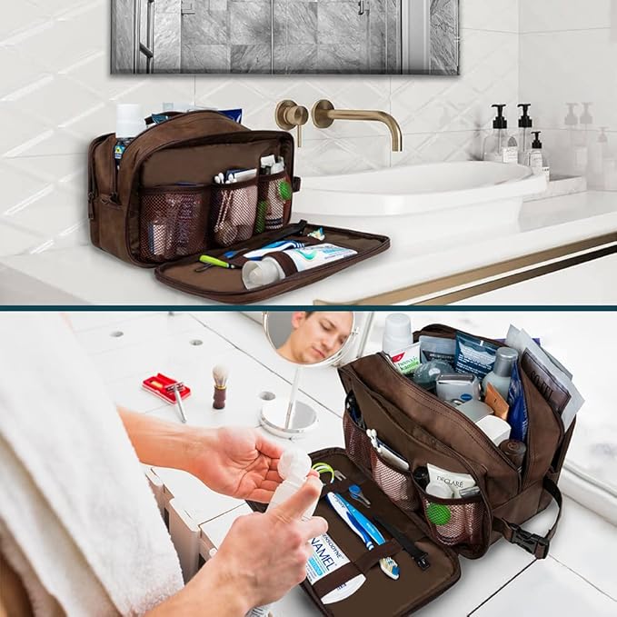PAVILIA Toiletry Bag for Men, Travel Toiletries Bag | Water-resistant Dopp Kit, PU Leather Shaving Pouch Organizer for Accessories, Cosmetic, Hygiene, Grooming Essentials (Dark Brown)