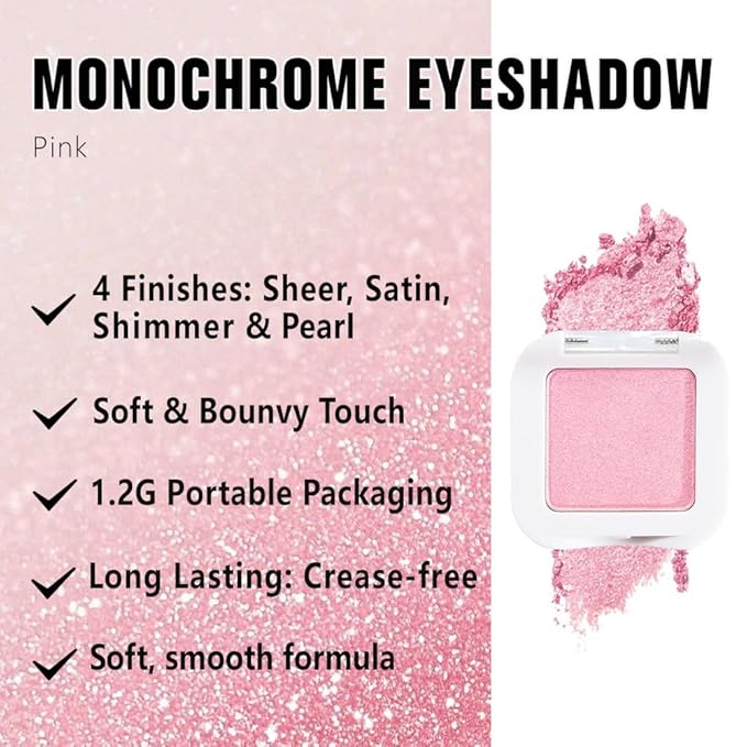 FeiCuiYun Shimmer Singe Eye Shadow Palette Makeup, Pink Sparkle Shimmer Monochrome Eyeshadow For Older Women, Mini Pressed Pigmented Waterproof Sombras Para Ojos, Vegan, Talc, Paraben & Cruelty Free