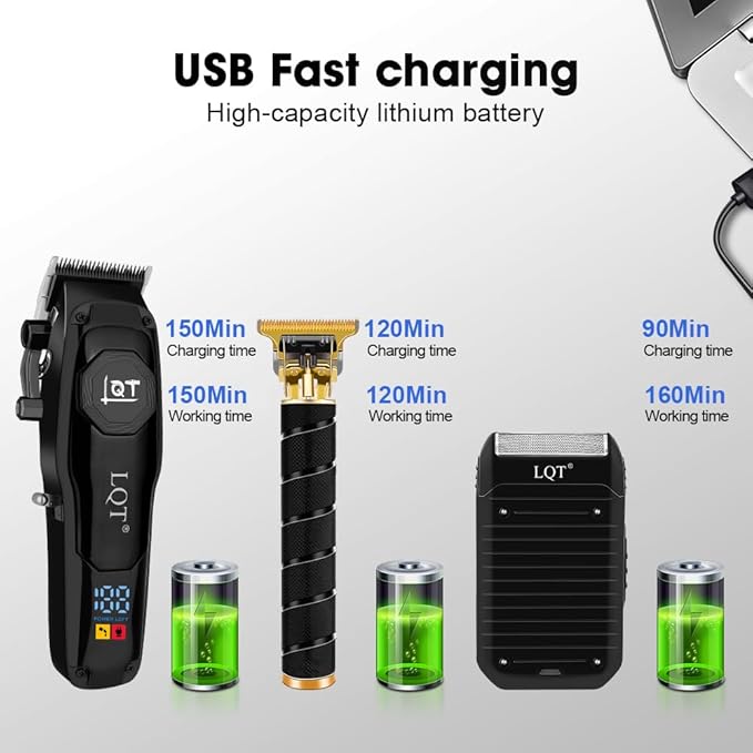 LQT 4-in-1 Men's Hair Clippers Kit, Includes Nose Hair Trimmer, Electric Shaver, and Engraving Trimmer, Wireless USB Rechargeable Grooming Set, Blue Ombre Design, Ideal Gift for Men (Black)