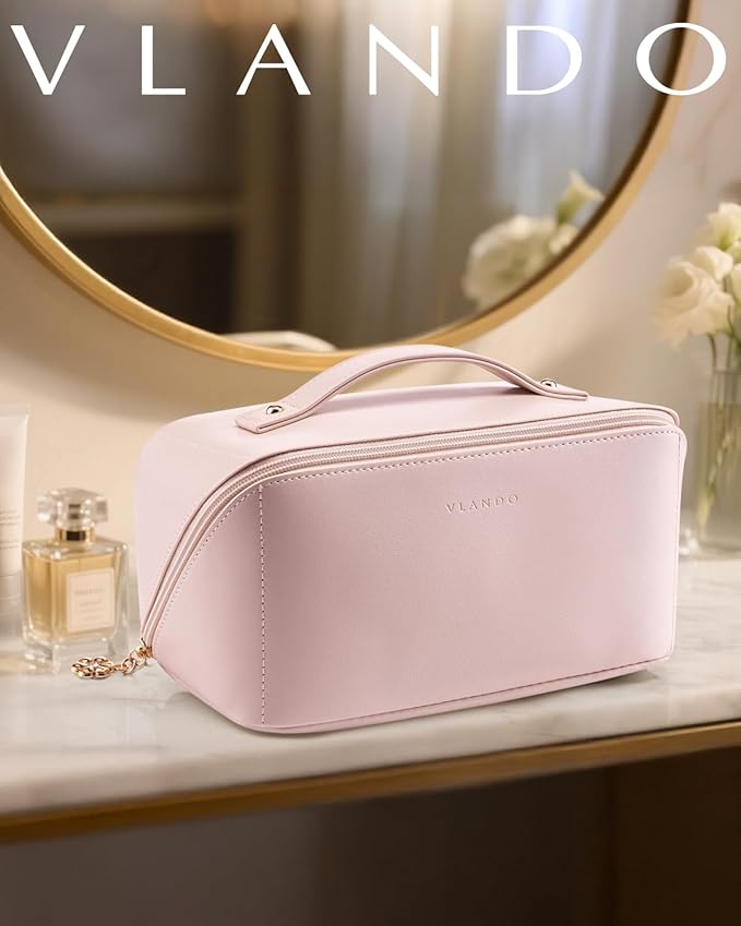 VLANDO Makeup Bag for Women with Open Flat Layout,Zipped TPU Pocket,Pink
