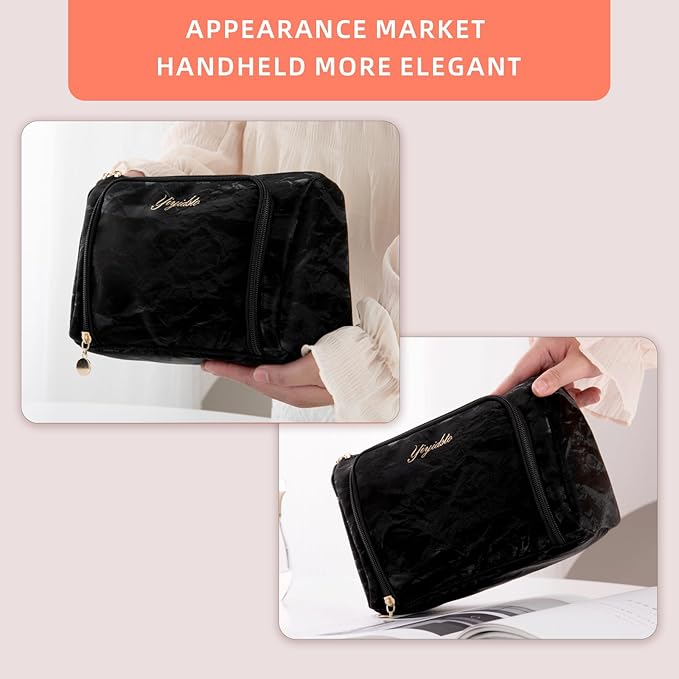 YIYIDSTO Cosmetic Bag Travel Makeup Bag Large Capacity Small Travel Zipper Pouch Makeup Organizer Bag for Women (Black-2 Pack)