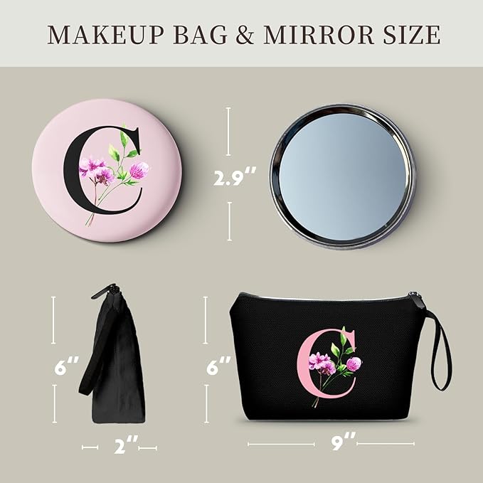 SEAMOON A-Z Personalized Gifts for Women, Initial Makeup Bag with Mirror, C
