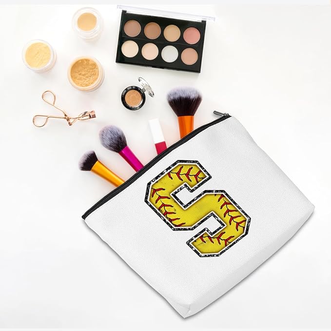 Softball Gifts Initial S Makeup Bag Softball Gifts for Team Cosmetic Bag