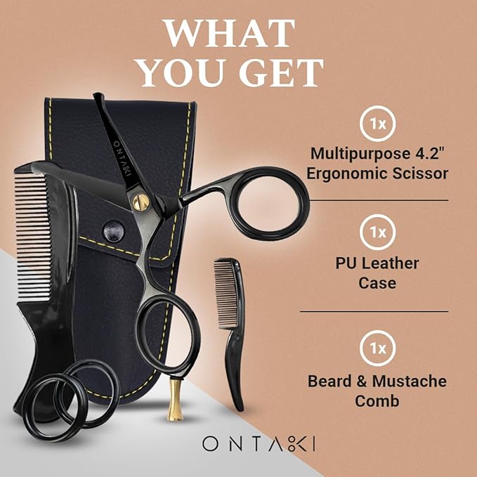 Ontaki Beard & Mustache Scissors & Combs for Men - 4.2" Black