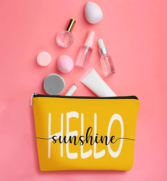BARPERY Hello Sunshine Summer Yellow Inspirational Makeup Bag, Cosmetic Bag Gift for Teen Girls, Women, Mom, Grandma, Teacher, Coworker