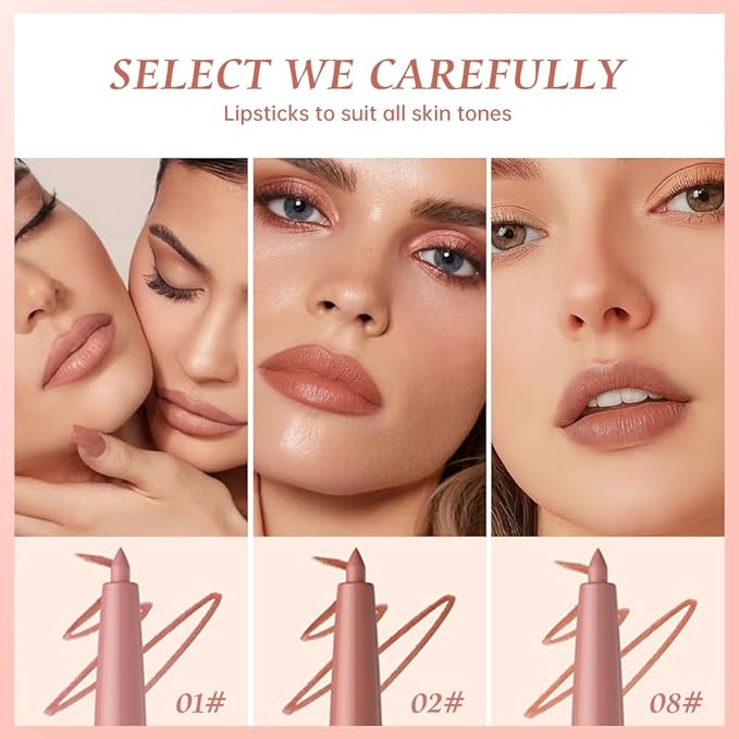 K14 Hxssll 12 Colors Matte Lip Liner Pencil – Long Lasting Waterproof Lip Liner, Smudge Proof Transfer Proof Lip Pencil, High Pigment Lip Makeup for Defining & Filling Lips (A1-set:01+02+08, 3PCS)