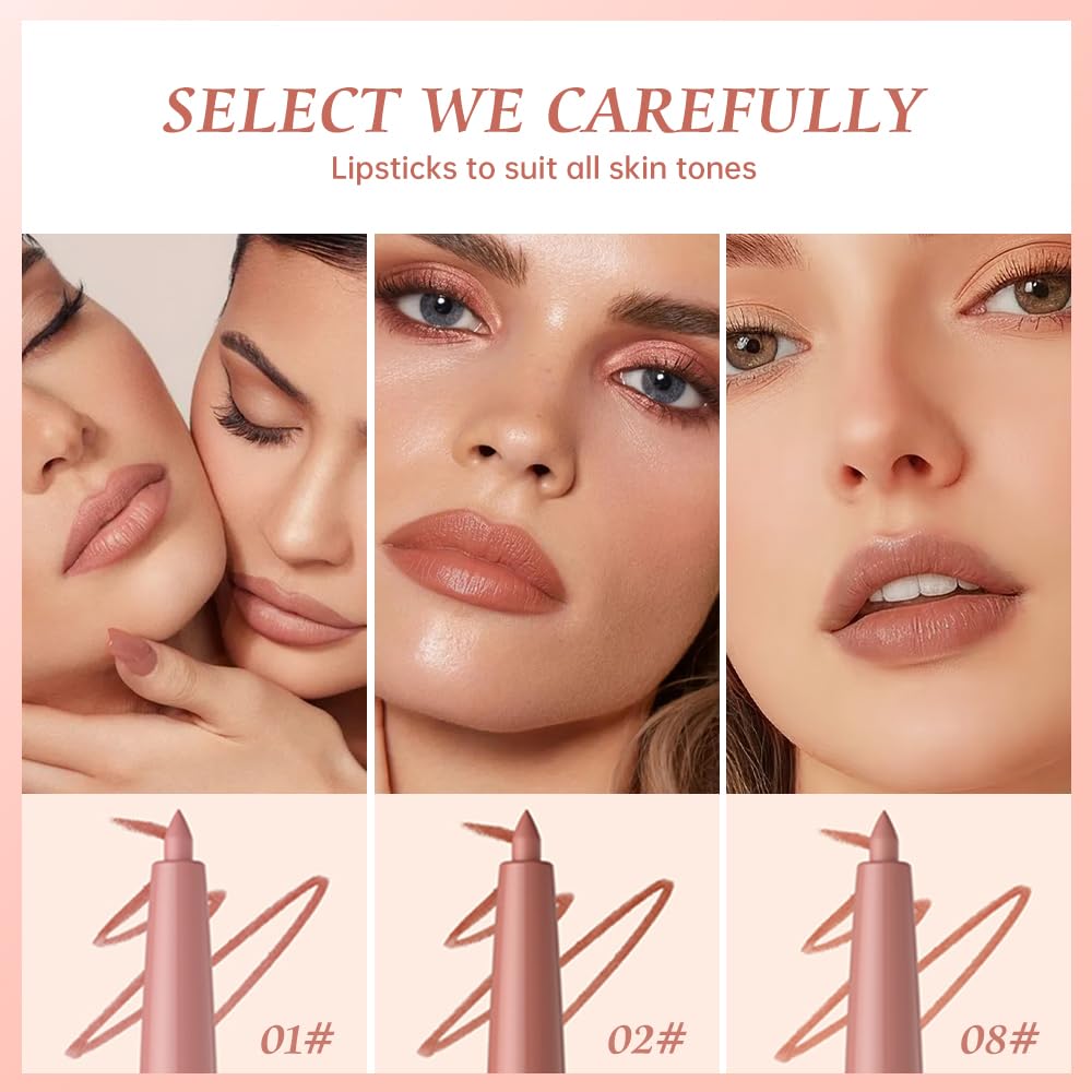 K14 Hxssll 12 Colors Matte Lip Liner Pencil – Long Lasting Waterproof Lip Liner, Smudge Proof Transfer Proof Lip Pencil, High Pigment Lip Makeup for Defining & Filling Lips (A1-set:01+02+08, 3PCS)