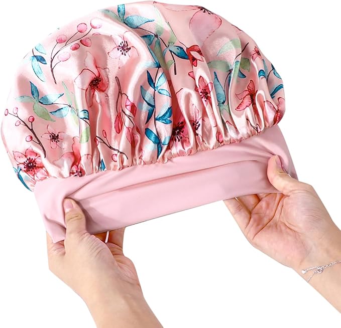 GDTOGRT Satin Silk Bonnet for Sleeping Women, Double Layer Sleep Hair Bonnets Caps for Curly Natural Hair with Tie Band - Pink Floral
