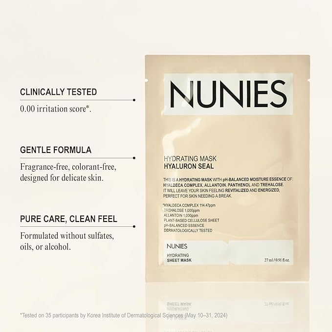 NUNIES Hyaluronic Hydrating Sheet Mask – Korean Moisturizing Face Mask for Dry & Sensitive Skin | Trehalose, Allantoin & Panthenol | Water Essence | Korean Skincare | Fragrance-Free | 5 Sheets