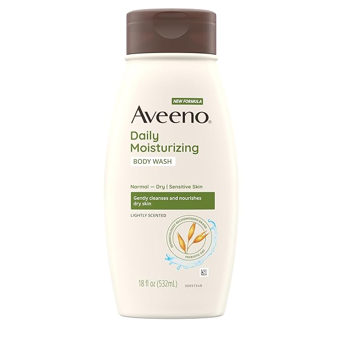 Aveeno Daily Moisturizing Body Wash for Normal to Dry Skin, Sensitive Skin Formula with Prebiotic Oat, Gently Cleanses & Nourishes Dry Skin, Lightly Scented Body Wash for Women and Men, 18 Fl Oz