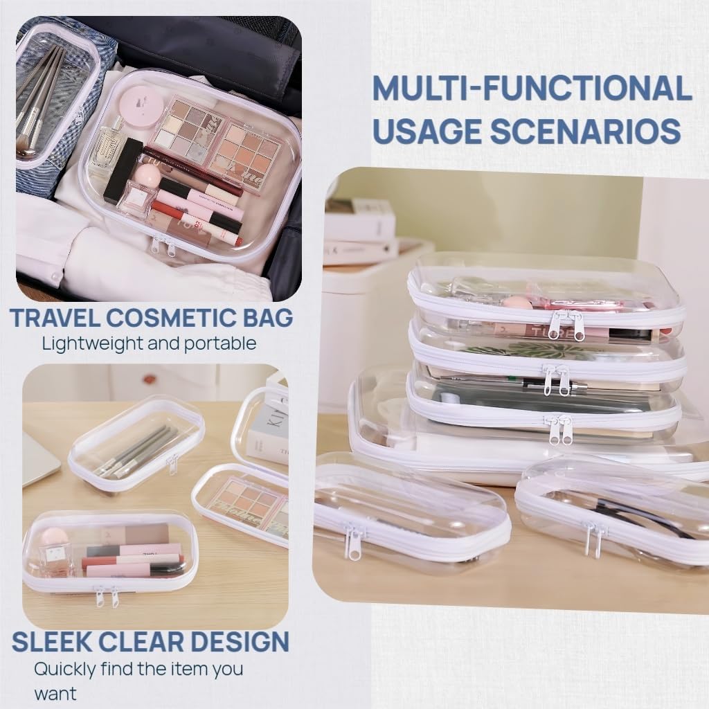 PGAXM 3PCS Clear Hard Plastic Zipper Case, Double Zippers Hard Pouch, Portable Travel Organizer Bin Clear Makeup Bag for Toy Storage, Snack Bag, Cosmetics, Diaper Bag, Toiletry Bag (3PCS-M)