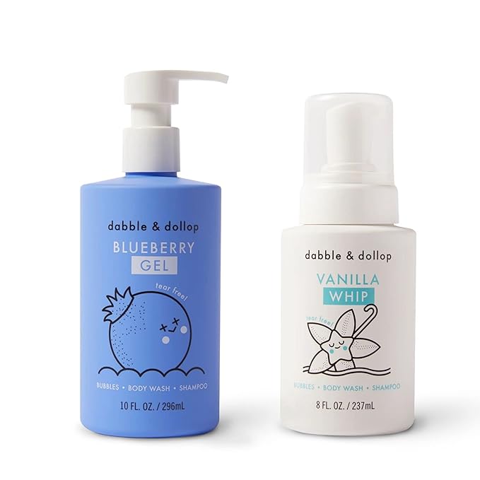 Dabble & Dollop Blueberry + Vanilla Kids 3-in-1 Body Wash, Shampoo & Bubble Bath Bundle – Gel + Foam Whip Set, Tear-Free, Gentle, Natural-Origin, Hypoallergenic and Safe for Sensitive Skin (Pack of 2)