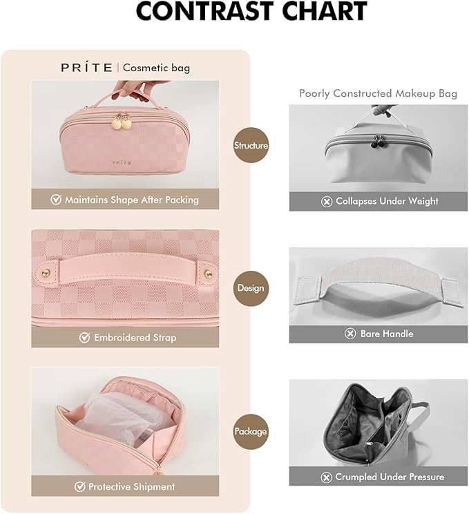 Prite Makeup Bag Travel Toiletry Bag Open Flat Cosmetic Organizer for Women
