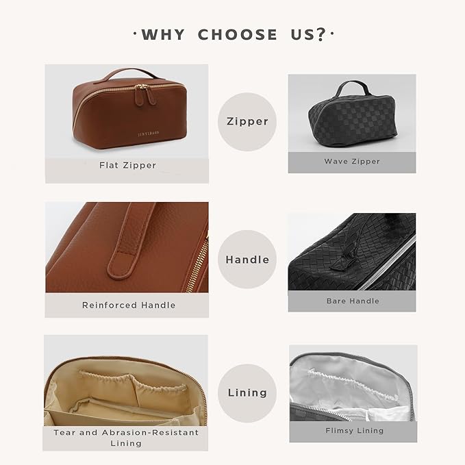 JINYIBAGS Travel Makeup Bag – Large Cosmetic Organizer with Waterproof PU Leather, Smooth Double Zipper & Tear-Resistant Lining, Toiletry Pouch for Women (Brown)