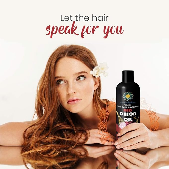 AYURVEDASHREE Hair Treatment Oil with Red Onion, Oil blends of Black Seed, Pure Argan, Sandalwood & Rose - 200 Ml/6.7 fl oz
