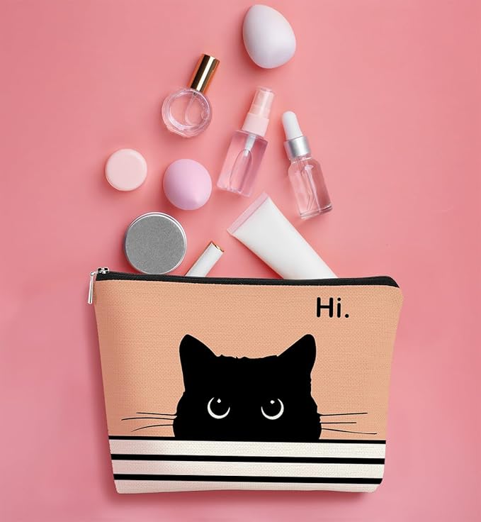 BARPERY Cute Cat Cosmetic Bag, Black Kitty Gifts for Cat Lovers, Makeup Pouch for Women (Peach-1)