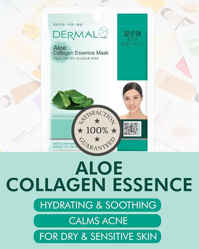 DERMAL Aloe Collagen Soothing Sheet Mask, Hydrating & Cooling, 10 Pack