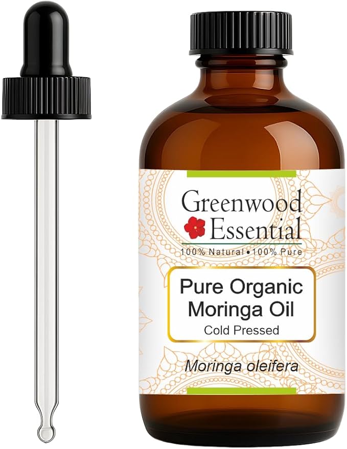 Greenwood Essential Organic Moringa Oil (Moringa oleifera) with Glass Dropper | Cold Pressed | Natural | Undiluted | For Diluting Essential Oils | For Skin & Massage | Men & Women | 120ml (4 oz)