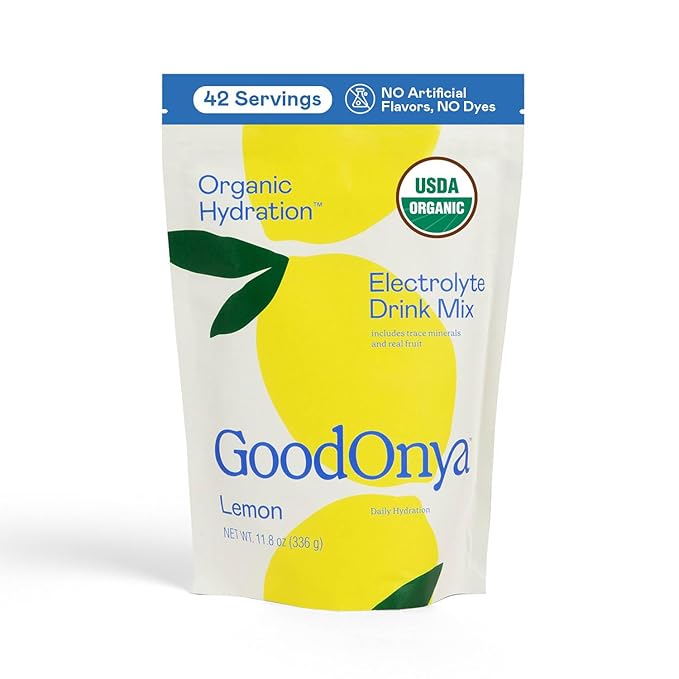 GoodOnya Organic Hydration Electrolyte Drink Mix, Certified Organic Hydration Powder, Non-GMO, Biochecked Glyphosate Free, Low Sugar, Lemonade Flavor, No Artificial Flavors, 42 Servings