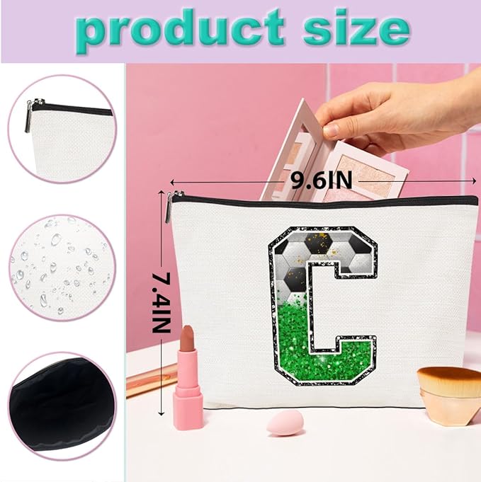 CQM Soccer Gifts Initial Makeup Bag Soccer Girl Gifts Cosmetic Bag Letter C