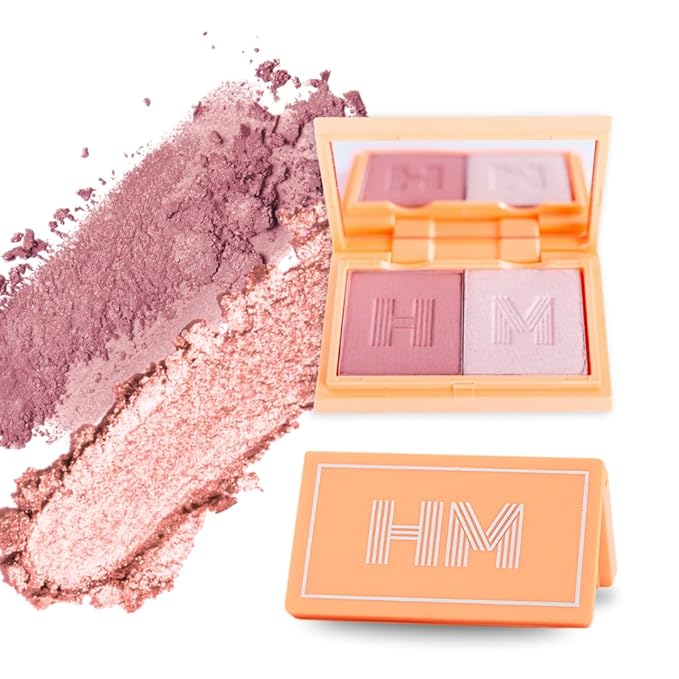 Haute Minute Makeup Blush + Brighten Highlighter Duo, Mini Lightweight Blendable Shimmer Blush, High Pigmented Makeup Powder Palettes, Cruelty Free - Don't Hurry, Be Happy!