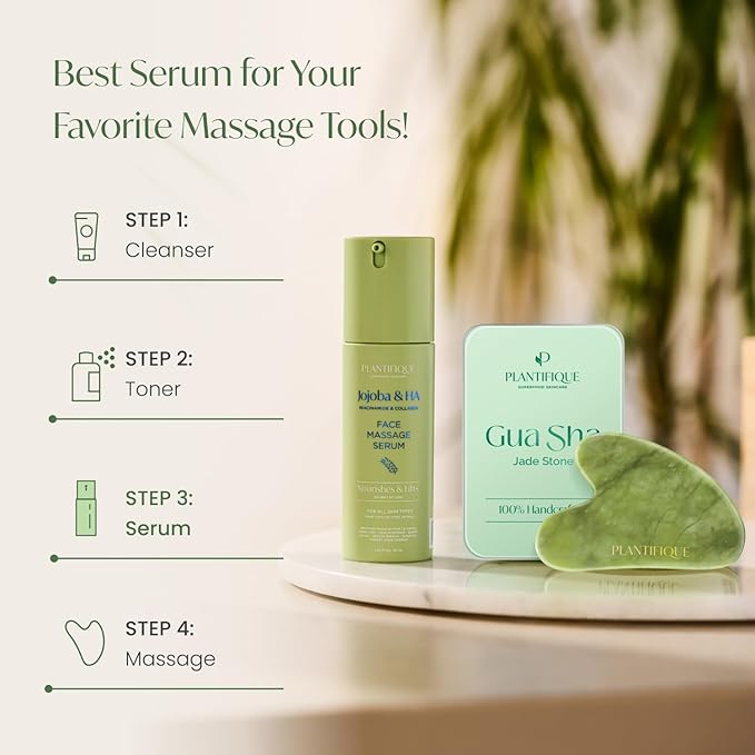 PLANTIFIQUE Korean Face Serum for Gua Sha Massage, Slow-Absorbing 1.01fl oz | Hydrating & Anti-Aging Serum with Jojoba Oil, Hyaluronic Acid, Niacinamide & Vitamin C for Glowing Skin