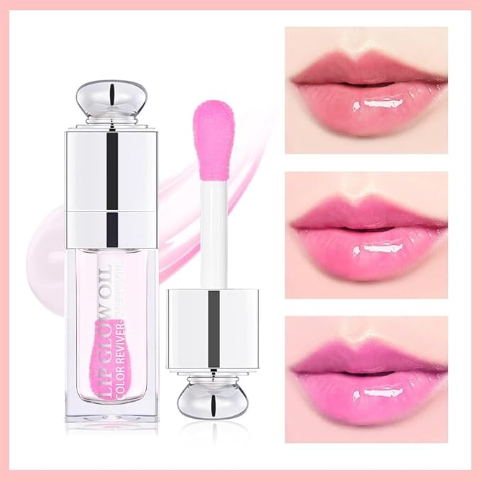 GECOMO Hydrating Lip Glow Oil, Lip Oil Gloss Transparent Toot Tinted Nourishing Long Lasting Repairing Lightening Lip Lines (CLEAR TO PINK) 0.2 OZ