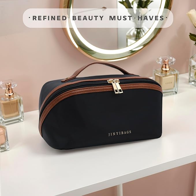 JINYIBAGS Travel Makeup Bag – Large Cosmetic Organizer with Waterproof Nylon, Smooth Double Zipper & Tear-Resistant Lining, Toiletry Pouch for Women (Black)
