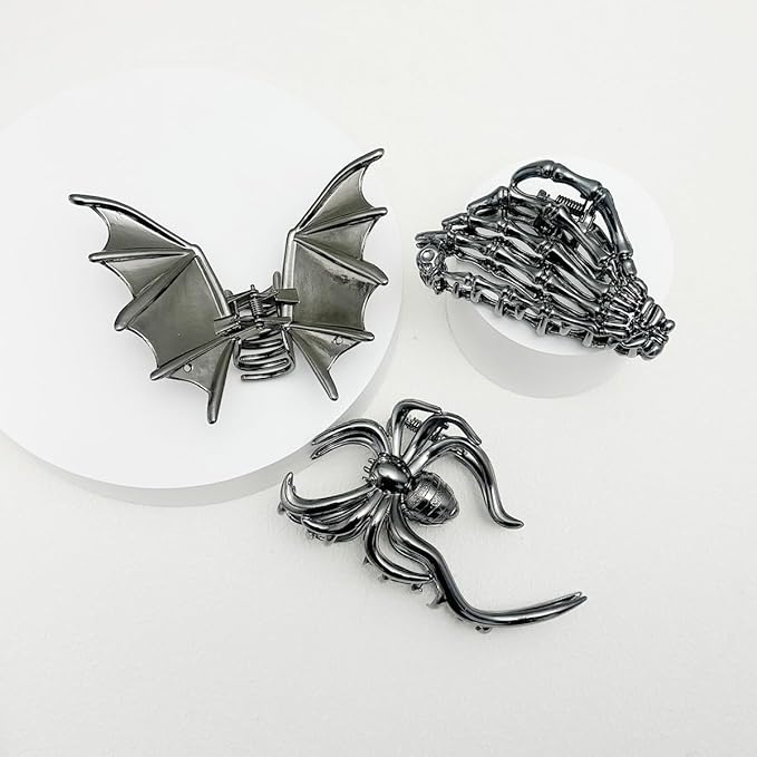 Parcce 3 PCS Gothic Hair Claw Clips for Women, Metallic Black Bat Spider Skeleton Hand Hair Clips, Strong Hold Halloween Hair Accessories for Thick Thin Hair, Costume Party Everyday Styling Gifts