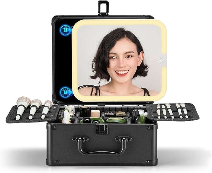 OMIRO Makeup Case, Travel Makeup Bag with Light Up Mirror Set, Makeup Organizer Box with Magnet Travel Makeup Mirror for Women (Black)