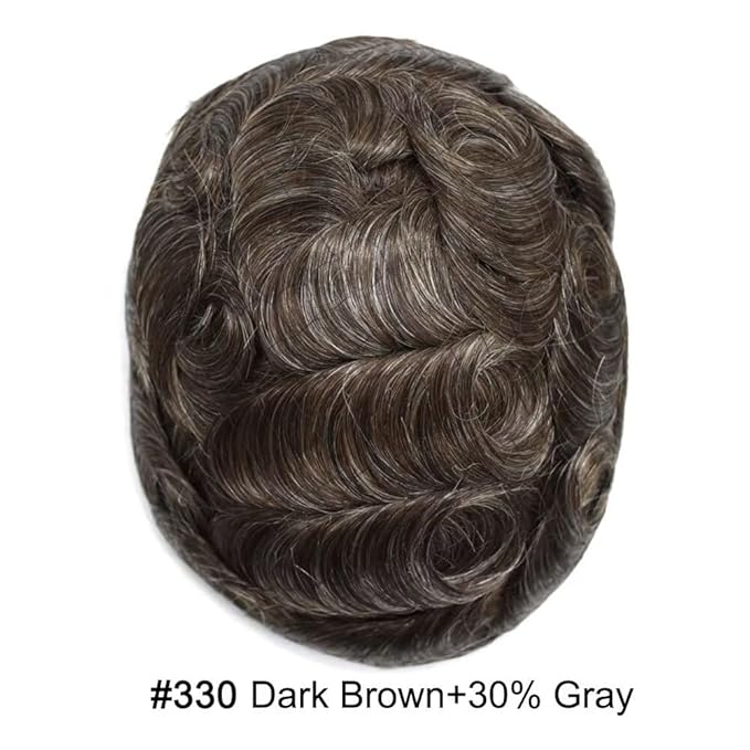 FACE MIRACLE Hair System for Men French Lace Mens Toupee Human Hair Replacement System Lace with PU Toupee for Man 6"X8" #330 3# DARK BROWN WITH 30% SYNTHETIC GREY