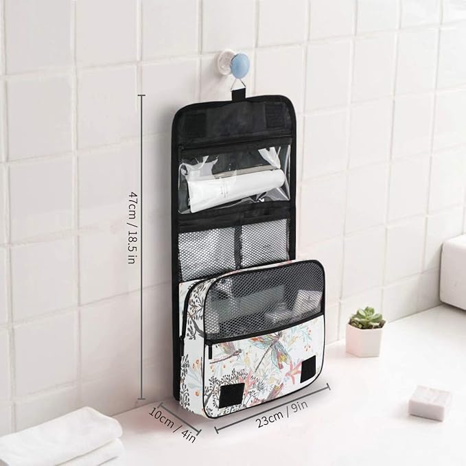 senya Hanging Travel Toiletry Bag Hippo Swimming Kit Makeup Case Cosmetics Organizer for Men Women (Flowers And Dragonfly)