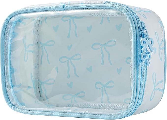 RSRSLEII Cute Clear Makeup Bag with Bow Pattern,Transparent Nylon Travel Cosmetic Case with Zipper,Portable Makeup Organizer Pouch for Essentials(02Blue)